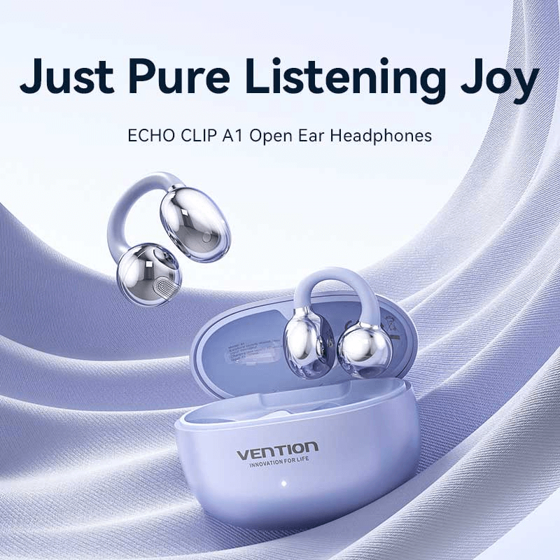 Vention ECHO CLIP A1 Open Ear Headphones in a stylish case for superior sound quality and comfort.