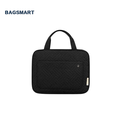Bagsmart The Space Saver Toiletry Bag in black with handle and zipper compartment for travel organization.