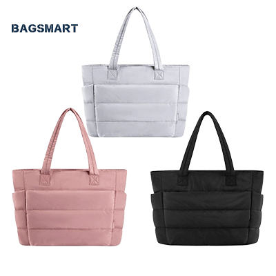 Bagsmart Zora Puffy Tote 20L in pink, gray, and black, perfect as a corporate gift for modern individuals.
