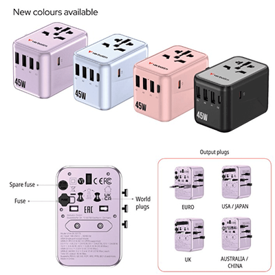 Verbatim 5 Port 45W Universal Travel Adapter (UTA-08) in new colors with multiple output plugs and features.