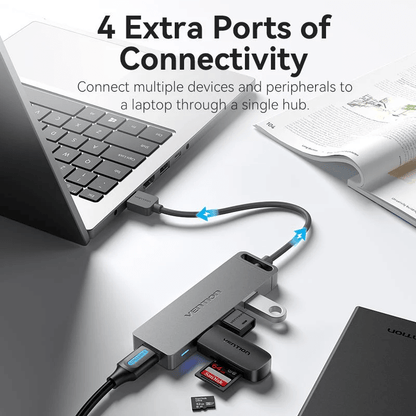Vention 5-in-1 USB 3.0 Super Speed Hub connected to a laptop, showcasing 4 extra ports of connectivity.