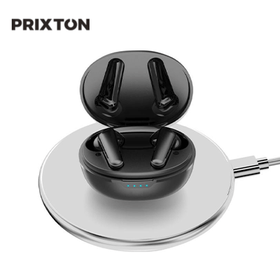 Prixton TWS158 ENC and ANC earbuds charging on a wireless dock for immersive audio experience.