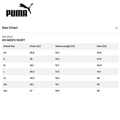 Size chart for PUMA Teamliga Sideline Polo Shirt showcasing US men's sizes and measurements.