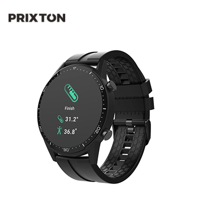 Prixton SWB26T Smartwatch displaying sports tracking and body temperature features on a sleek black design.