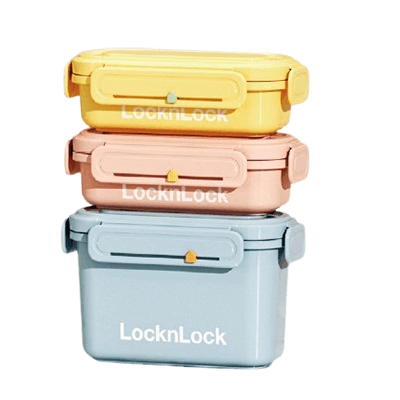 LocknLock Macaron Fresh Keeping Lunch Box Set Small in yellow, pink, and blue colors stacked together.