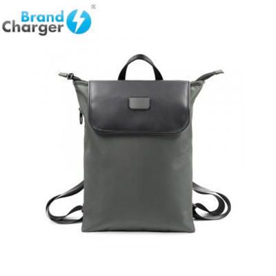 Brand Charger Virtuo AER Backpack in gray with vegan leather accents, ideal corporate gift for professionals.