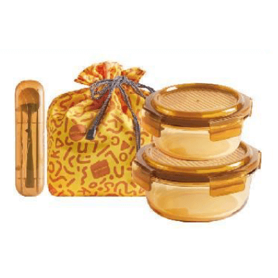 LocknLock Amber Glass Lunch Box 3pcs Set with Cutlery including two glass containers and cutlery pouch.