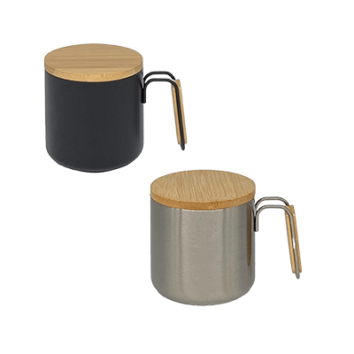Stainless Steel Mug With Handle and Bamboo Lid in black and silver, perfect as a stylish corporate gift.