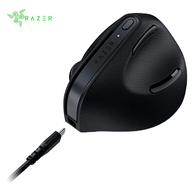 Razer Pro Click V2 Vertical Edition Wireless Gaming Mouse with ergonomic design and charging cable.