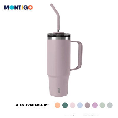 Montigo Solo Travel Mug 890ml in pink with straw, perfect corporate gift for on-the-go lifestyle.