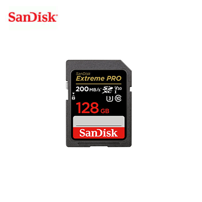 SanDisk Extreme PRO SDXC QuickFlow UHS-I 128GB memory card with fast read speeds and high performance.