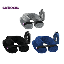 Cabeau AirTNE Inflatable Travel Neck Pillow in three colors with storage bags, perfect for travel comfort.