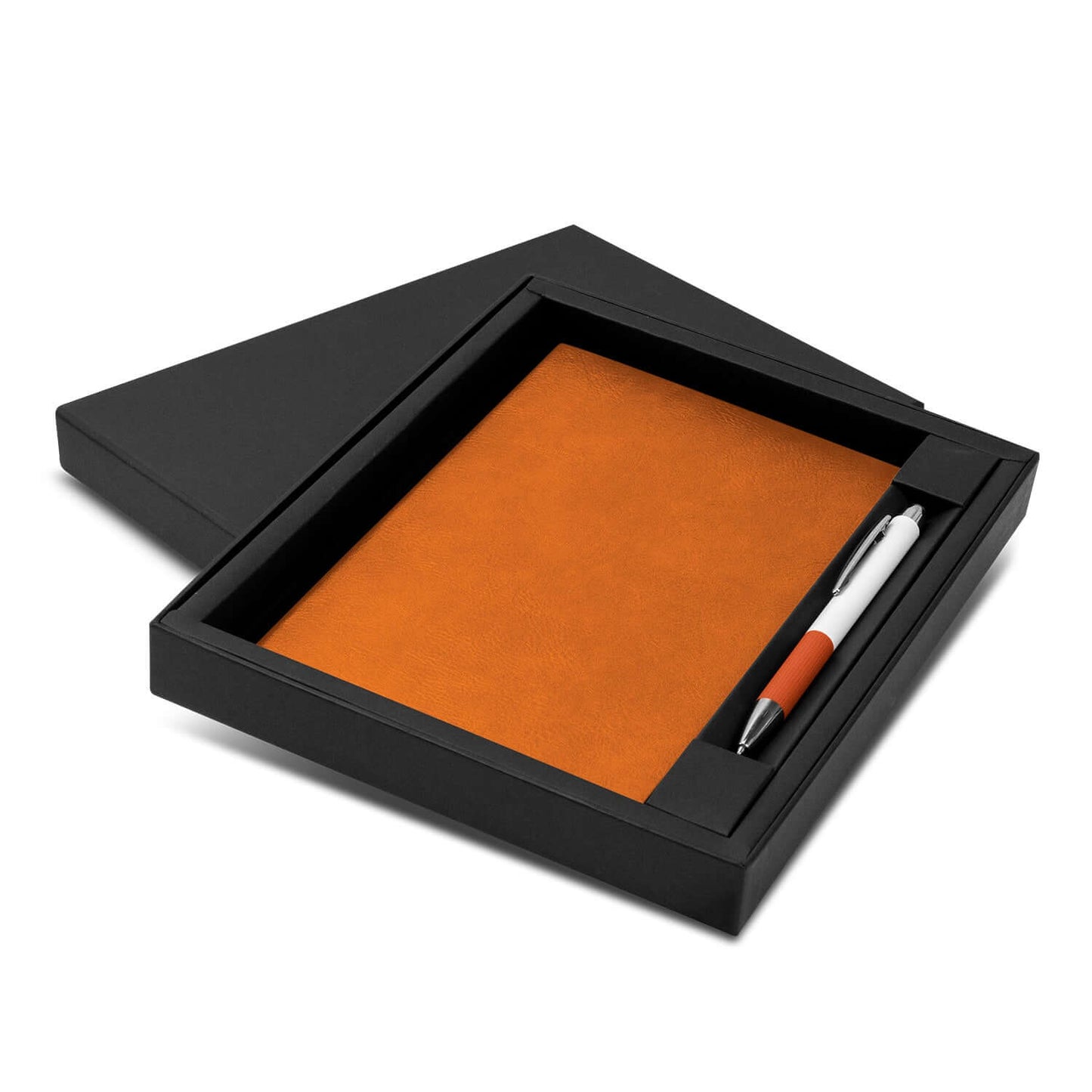 Genoa Soft Cover Notebook and Pen Gift Set displayed in a black box, featuring an orange PU cover and retractable ballpoint pen.