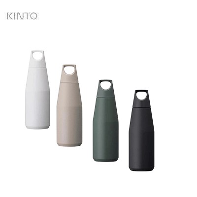 Kinto Trail Tumbler 580ml in four colors: white, beige, green, and black for outdoor adventures.
