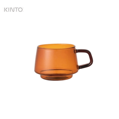 Kinto Sepia Cup 270ML in amber glass with unique square handle, perfect for nostalgic drinks and corporate gift.