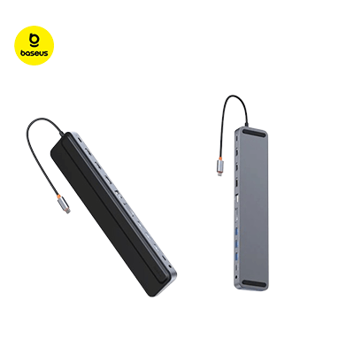 Baseus 12 in 1 Laptop USB-C Hub showcasing multiple ports for connectivity and multitasking.