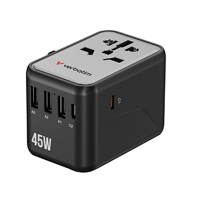 Verbatim 5 Port 45W Universal Travel Adapter (UTA-08) showing multiple USB ports for charging devices.