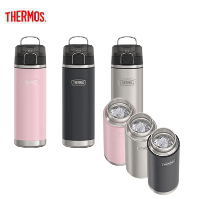 Thermos ICON™ IS2202 710ml Stainless Steel Water Bottle with Spout in pink and gray colors, showcasing beverage options.
