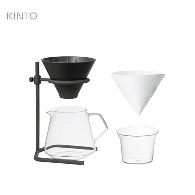 Kinto SCS-S04 Brewer Stand Set 4Cups showcasing brewer stand, filter, and server for a perfect coffee experience.