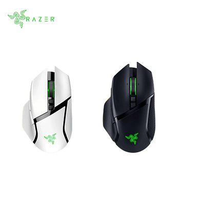 Razer Basilisk V3 Pro Wireless Gaming Mouse in white and black colors showcasing ergonomic design for gamers.
