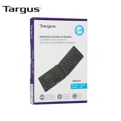 Targus Antimicrobial Ergonomic Foldable Keyboard packaging showcasing wireless folding keyboard features.