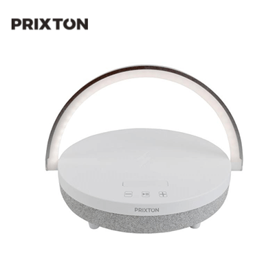 Prixton 4-in-1 10W Bluetooth Speaker with LED light and Wireless Charging Base top view on a white background.