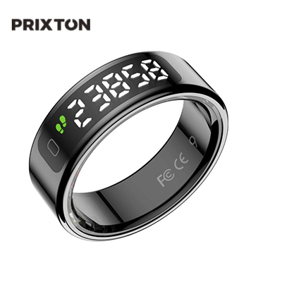Prixton Orbyt Touch smart ring displaying health metrics and time in a sleek black design.