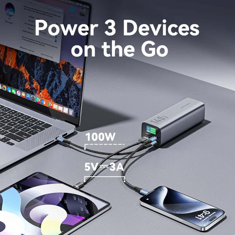 Vention 27000mAh Power Bank 140W powering 3 devices on the go with USB connections