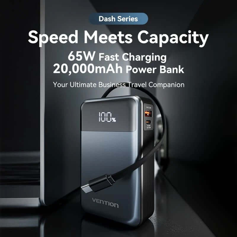 Vention 20000mAh Power Bank 65W with built-in cable and LED display for fast charging.