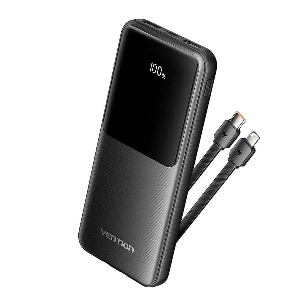 Vention 10000mAh Power Bank 22.5W with Built in Cable showcasing built-in USB-C and Lightning connectors.