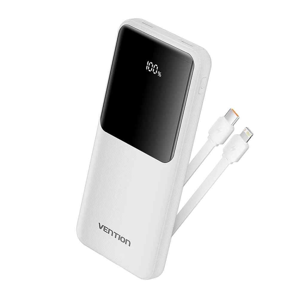 Vention 10000mAh Power Bank 22.5W with Built in Cable showing built-in USB-C and Lightning cables.