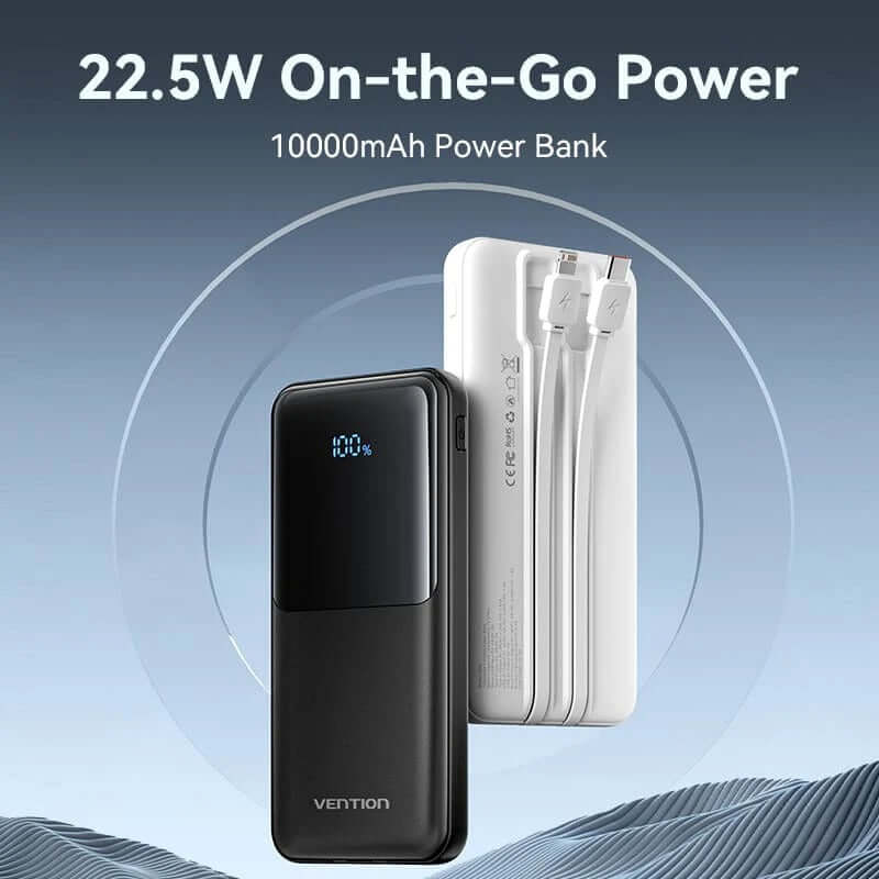 Vention 10000mAh Power Bank 22.5W with Built in Cable, featuring fast charging and compact design for on-the-go power.