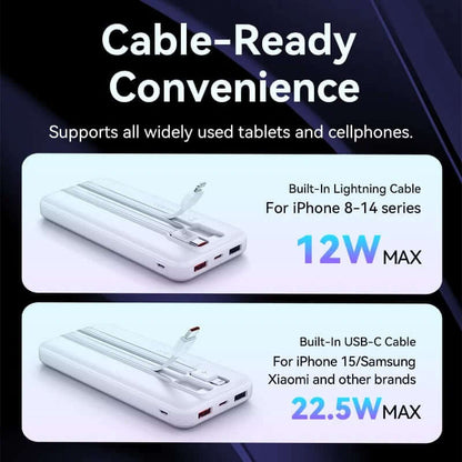 Vention 10000mAh Power Bank 22.5W with Built in Cable, featuring Lightning and USB-C cables for convenience.