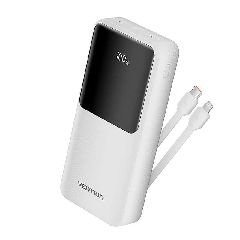 Vention 20000mAh Power Bank 22.5W with Cable showcasing built-in USB-C and Lightning cables.
