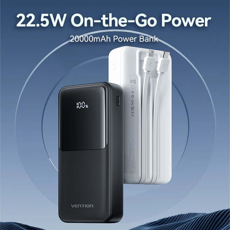Vention 20000mAh Power Bank 22.5W with Cable, featuring built-in cables for fast charging on-the-go.
