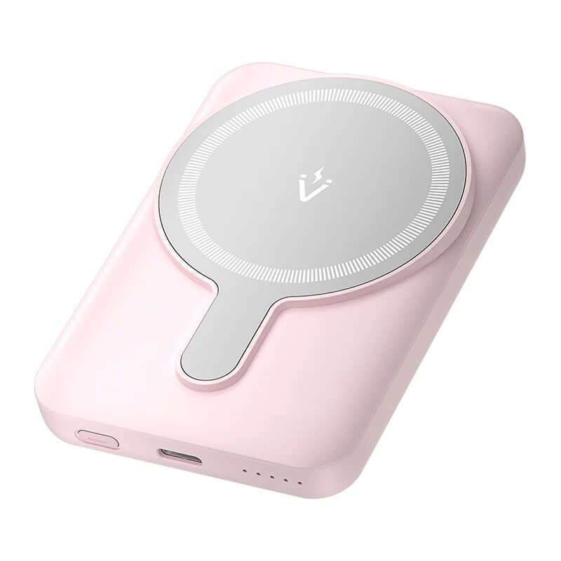 Vention 5000mAh Magnetic Wireless Power Bank 20W in pink with magnetic charging design.