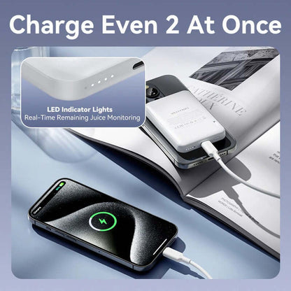 Vention 5000mAh Magnetic Wireless Power Bank 20W charging two devices with LED indicator lights.