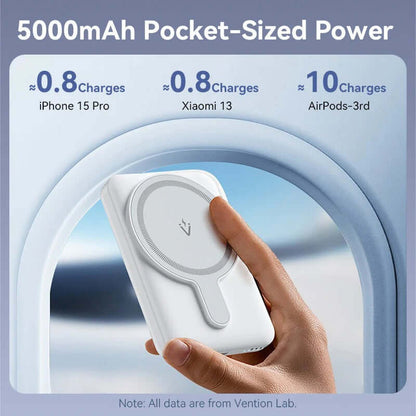 Vention 5000mAh Magnetic Wireless Power Bank 20W shown in hand, highlighting compact design and charging capabilities.