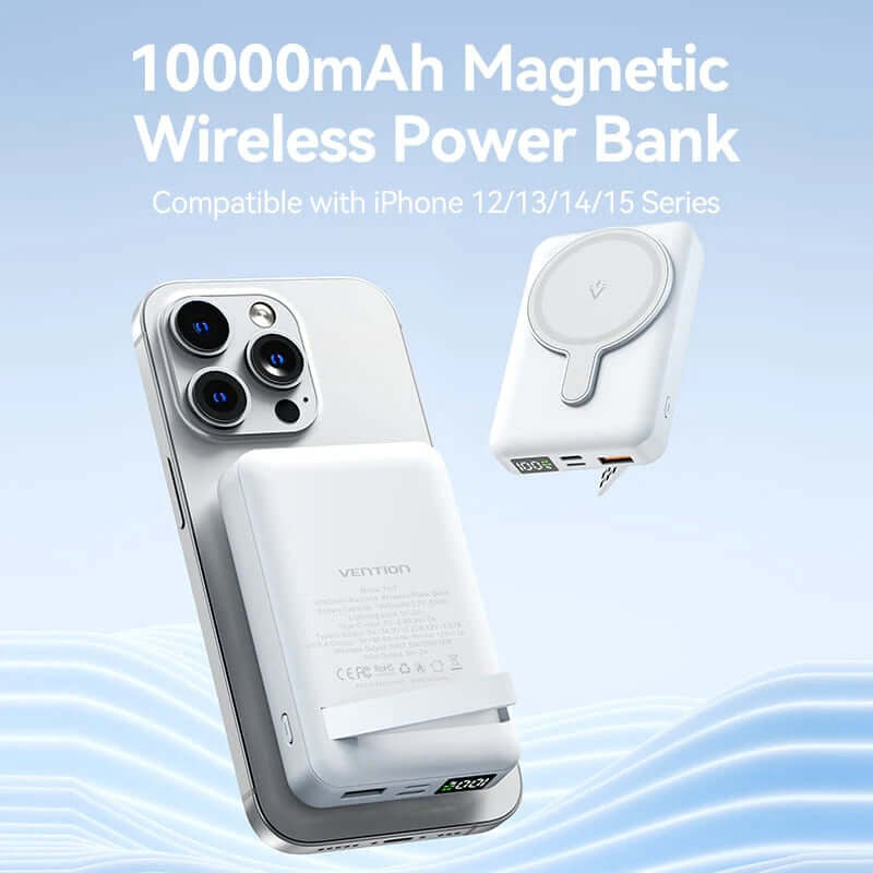 Vention 10000mAh Magnetic Wireless Power Bank 22.5W on iPhone, featuring magnetic charging and built-in stand.