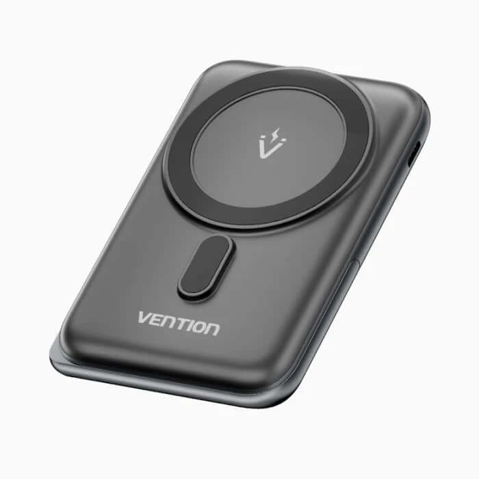 Vention 10000mAh Magnetic Wireless Power Bank 20W with zinc alloy stand design and sleek black finish.