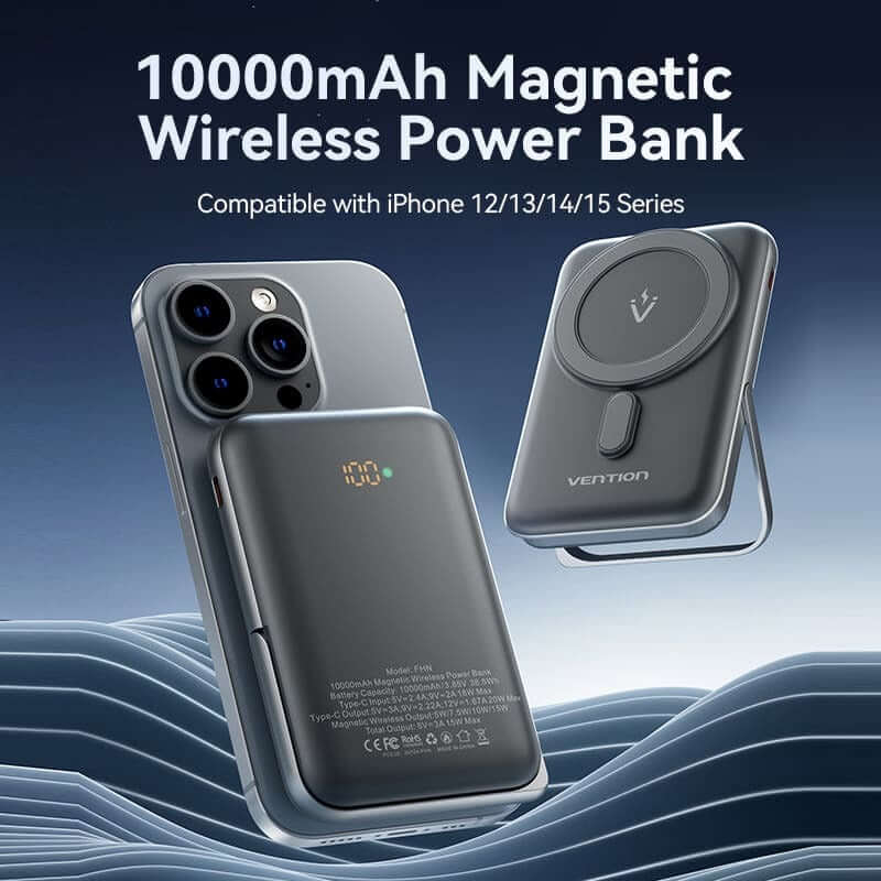 Vention 10000mAh Magnetic Wireless Power Bank 20W with iPhone compatibility and sleek design.