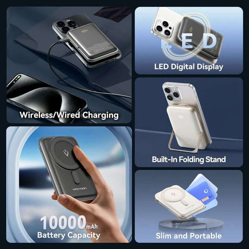 Vention 10000mAh Magnetic Wireless Power Bank 20W features LED display and built-in stand for stylish charging.
