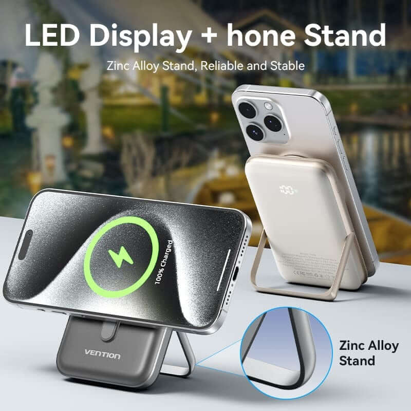 Vention 10000mAh Magnetic Wireless Power Bank 20W with LED display and zinc alloy stand.