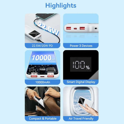 Highlights of Vention 10000mAh Power Bank 22.5W featuring fast charging and smart display.