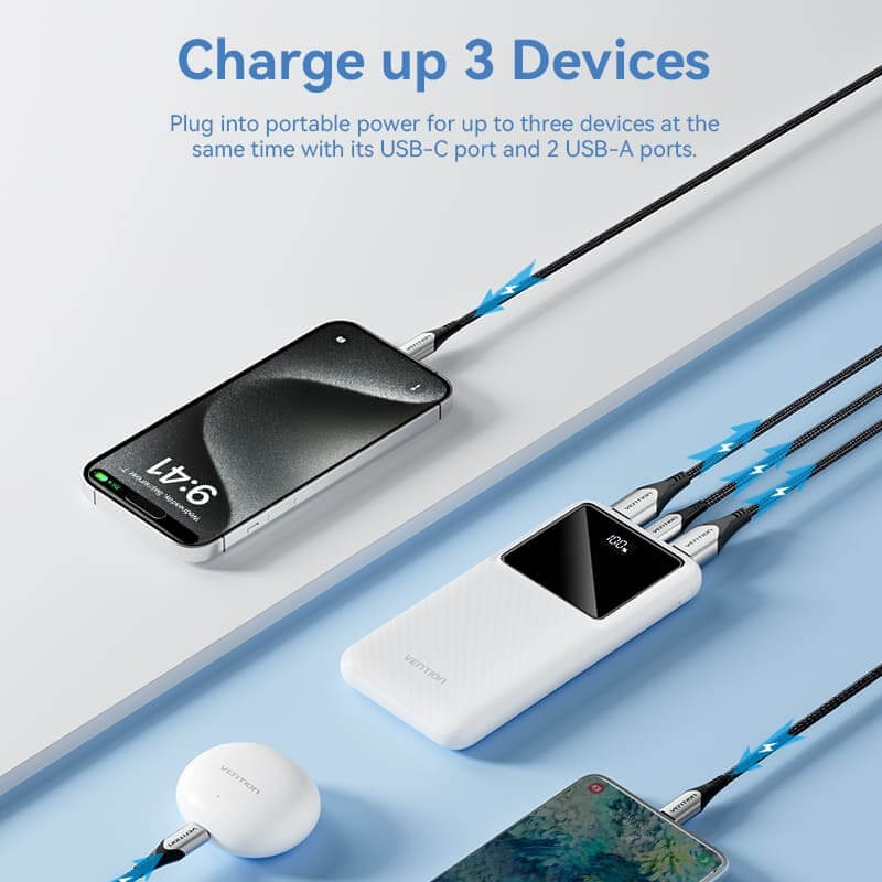 Vention 10000mAh Power Bank 22.5W charging three devices via USB-C and USB-A ports