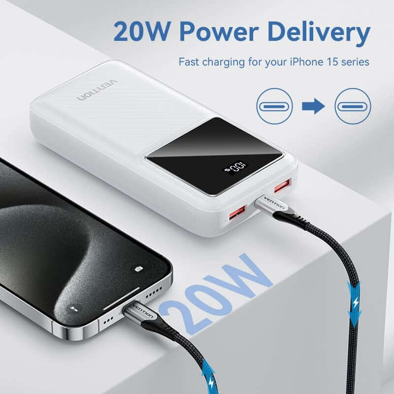 Vention 20000mAh Power Bank 22.5W charging an iPhone 15, showcasing 20W Power Delivery feature.