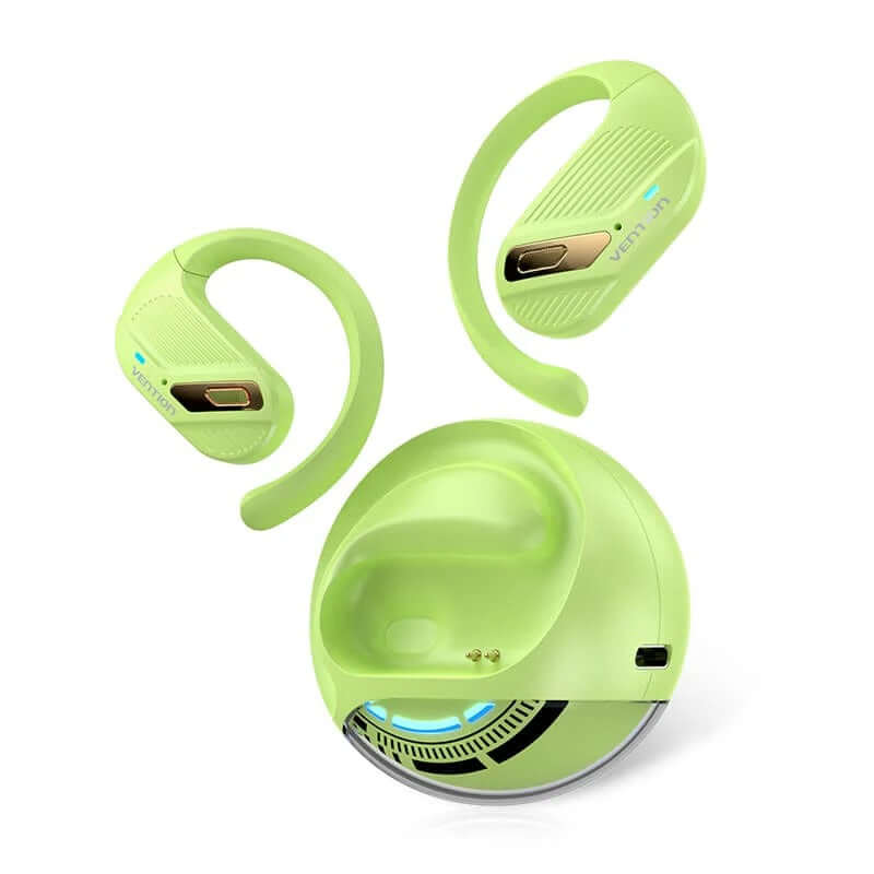 Vention Wireless Bluetooth Open Ear Headphones OpenBeat in vibrant green with charging case and lanyard for easy portability.