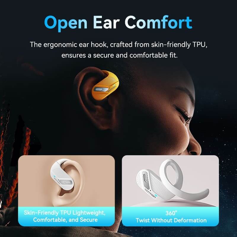 Vention Wireless Bluetooth Open Ear Headphones OpenBeat showcasing ergonomic ear hook design for comfort and secure fit.