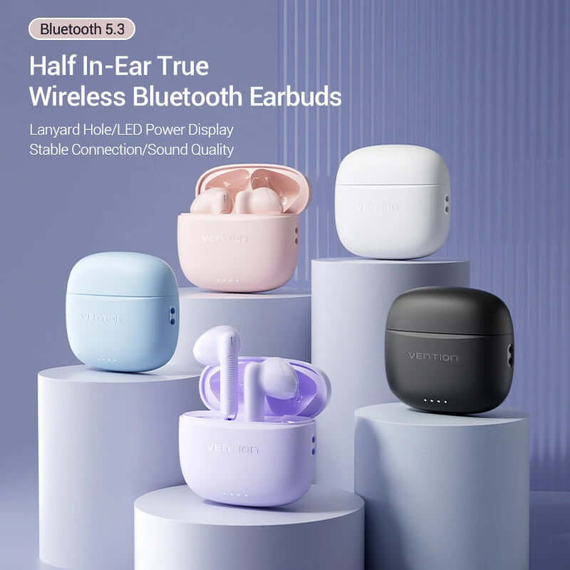 Vention True Wireless Bluetooth Earbuds displayed in multiple colors, highlighting compact design and advanced features.
