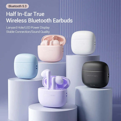 Vention True Wireless Bluetooth Earbuds displayed in multiple colors, highlighting compact design and advanced features.